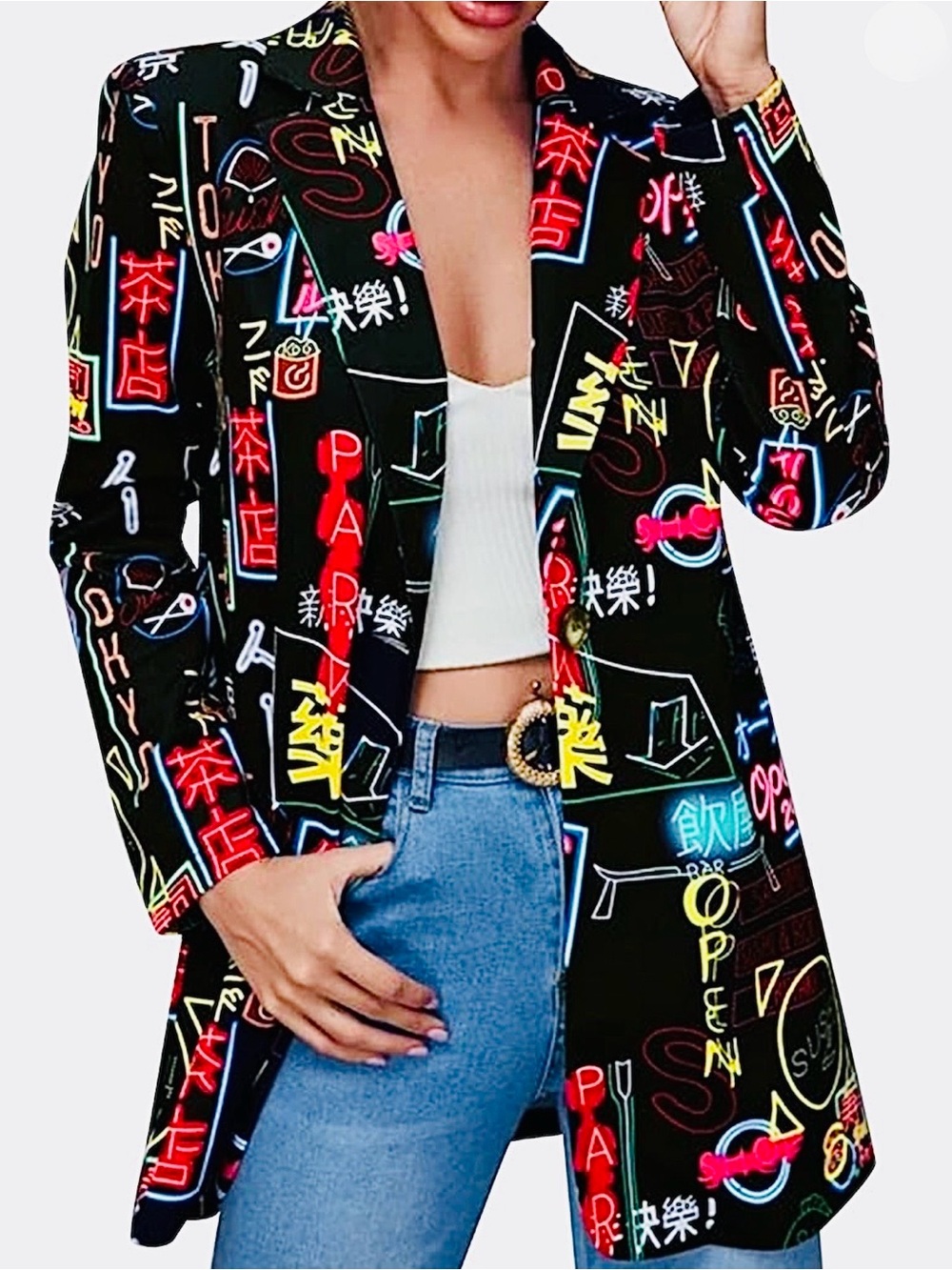 Neon Tokyo Print Black Blazer Jacket - Trendy Women's Coat